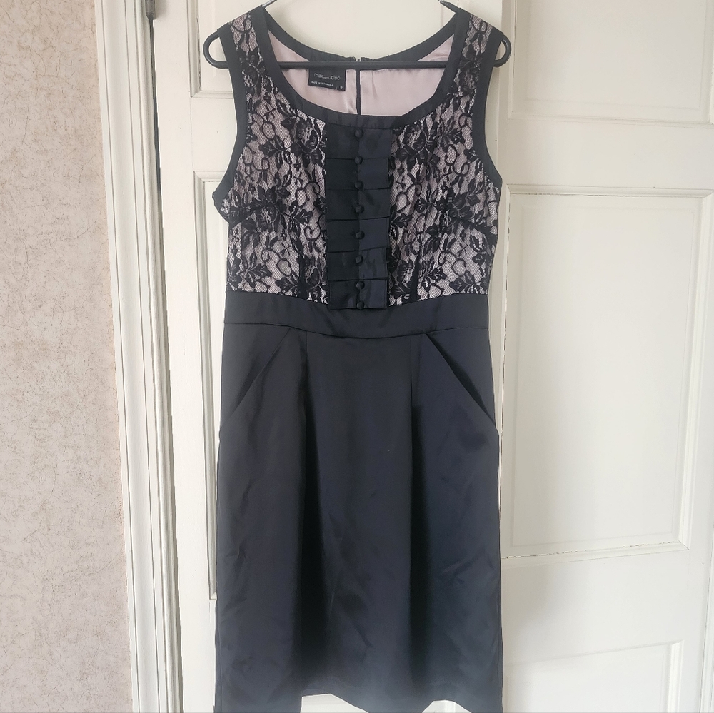 Black Lace Bodice Fit-and-Flare Midi tuxedo-style Satin dress.pit To 18" - Picture 3 of 6